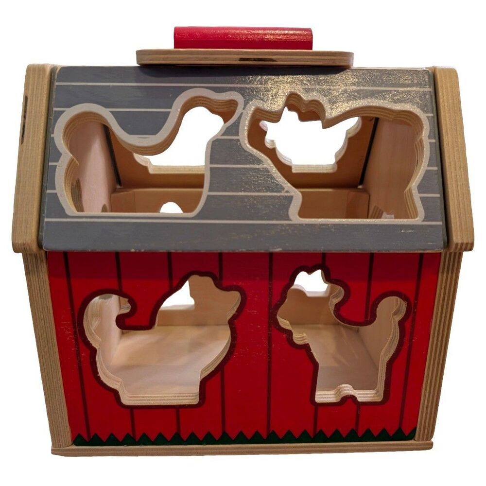 Melissa & Doug Wooden Sorting Barn Shape Sorter Toy 14 Animal Pieces Red